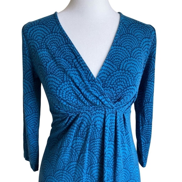 Boden Jersey Stretch Faux Wrap Blue Scallop Midi Dress Fit & Flare Empire Waist - Picture 2 of 16